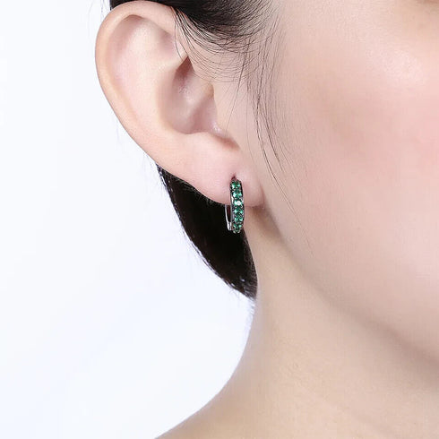 Gun Black Rhodium Plated Green Cubic Zirconia Men & Women Huggie Hoop Earrings